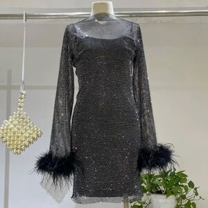 Chic Black Mesh Dress with Feather Accents